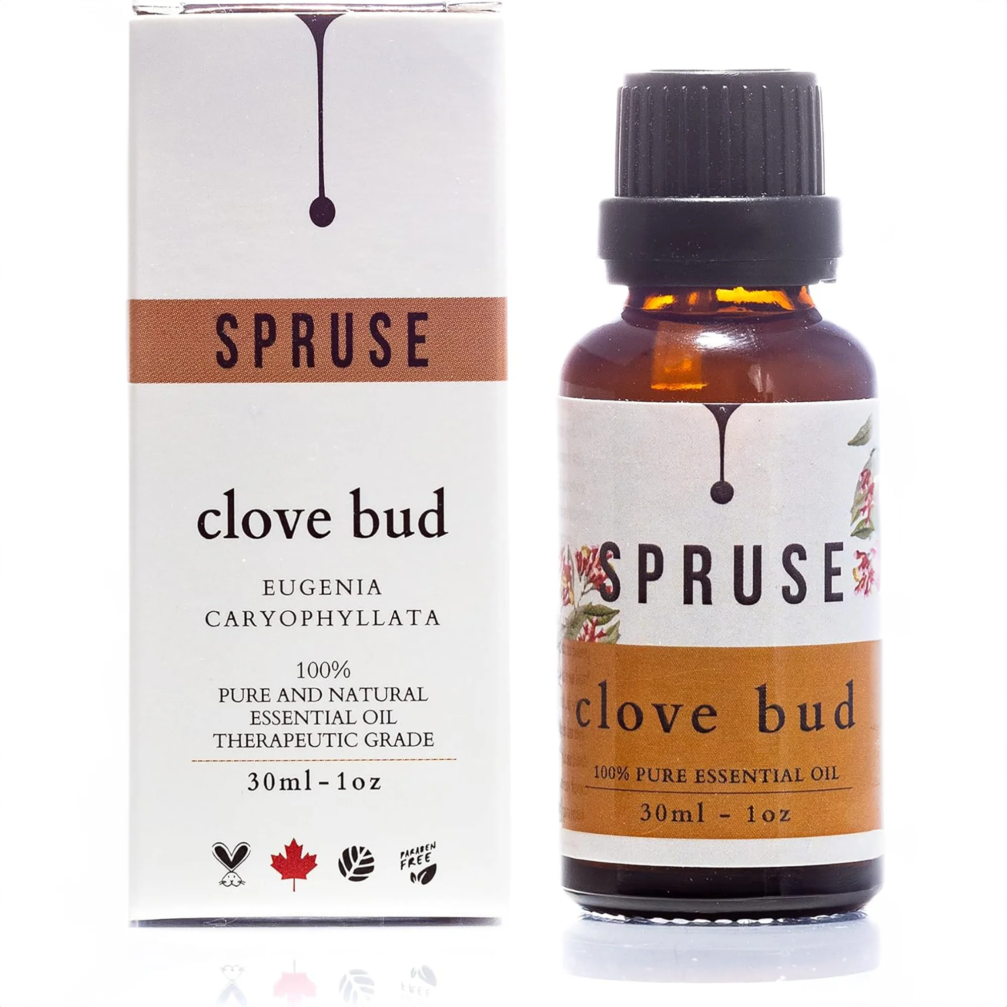 Front view of Spruce 100% natural and therapeutic grade Clove Bud essential oil in a 30ml dark amber bottle with packaging.