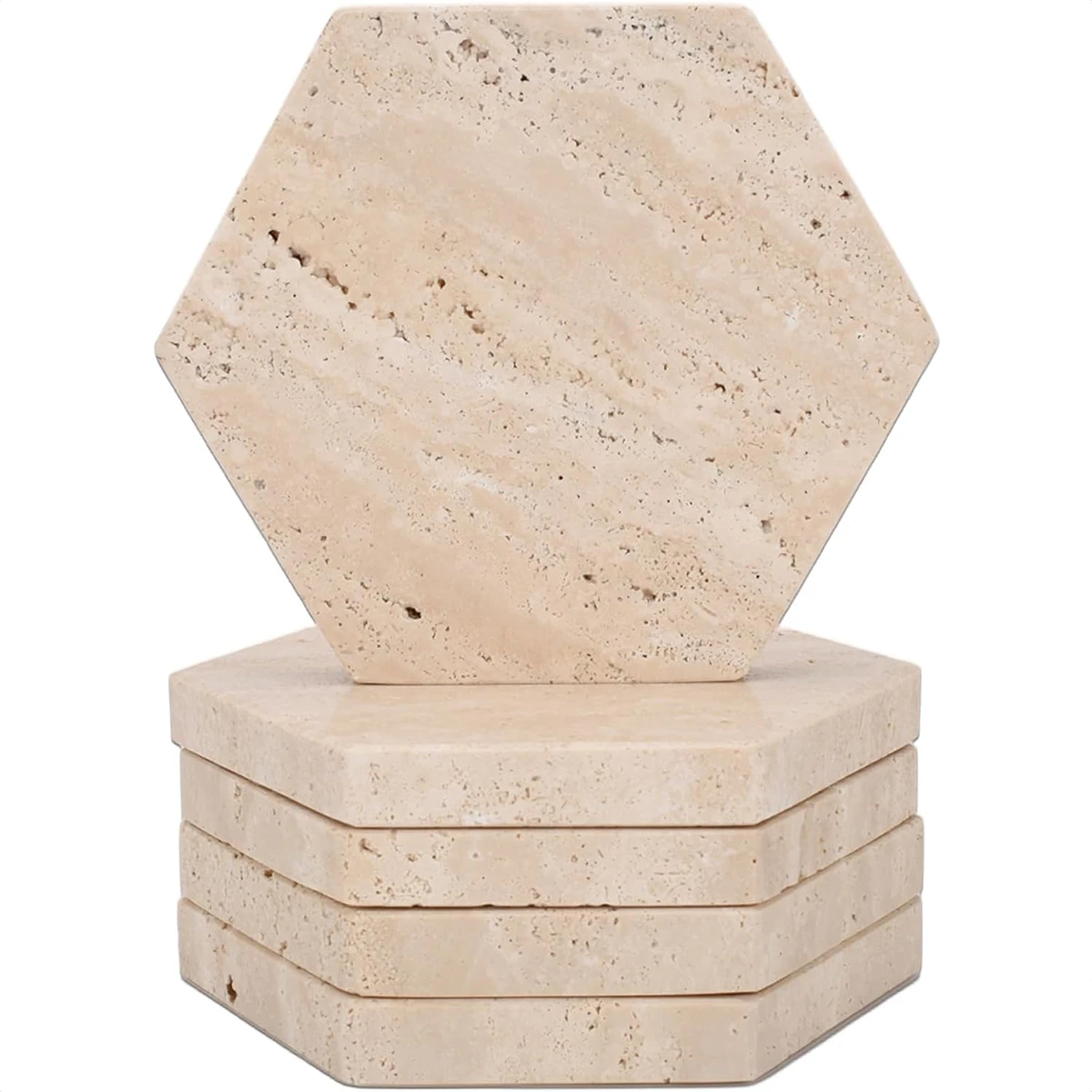 Close-up of the cream travertine marble coasters showcasing their unique natural patterns and handcrafted quality.